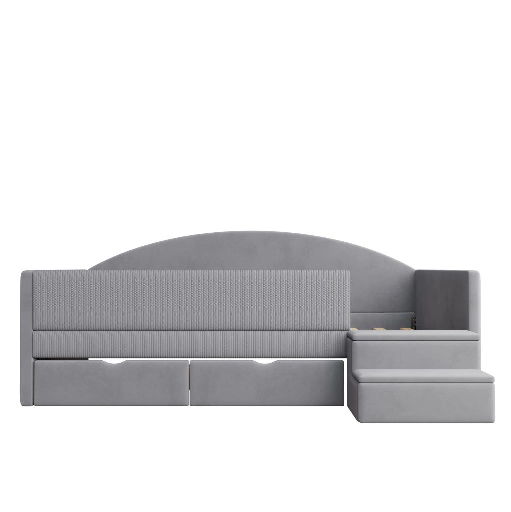Letto per bambini 90x190 cm con 2 cassetti e gradini in velluto grigio chiaro