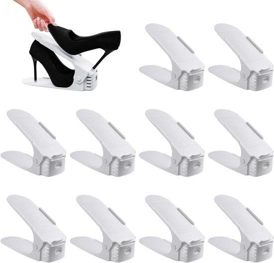 Scatola per Scarpe Regolabile da 10 pezzi a 3 livelli Regolabile, Due Livelli, Salvapiano, Organizzatore per Scarpe ( Bianco-1 )