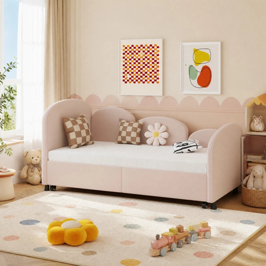 LETTO Bambino 90x200 cm Rosa in Velluto con cassetto
