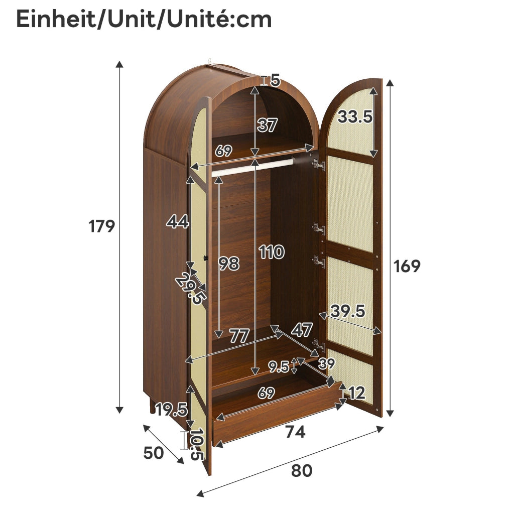 Armadio guardaroba 80x50x179 cm noce， ante arrotondate， con cassetto