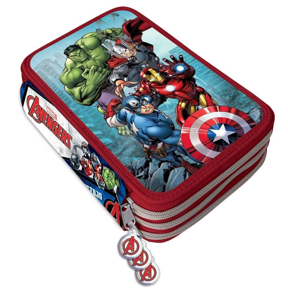 Trade Shop - Astuccio Portapastelli Scuola 3 Zip Avengers Accessoriato Con Pastelli Pennarelli -