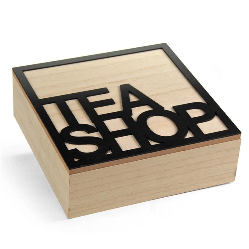 CONTENITORE PORTA TISANE, TÈ - SCATOLA IN LEGNO STILE ELEGANTE, LEGNO NATURALE, "TEA SHOP" 18 X 18 X 7H CM