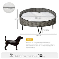 Cuccia per Cani e Gatti Rialzata Ø60x32 cm in Rattan Grigio Scuro