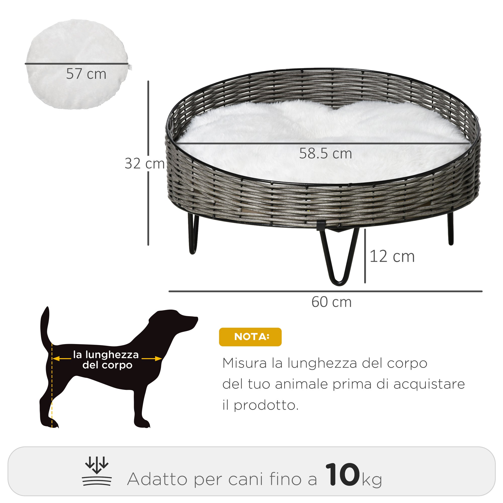 Cuccia per Cani e Gatti Rialzata Ø60x32 cm in Rattan Grigio Scuro