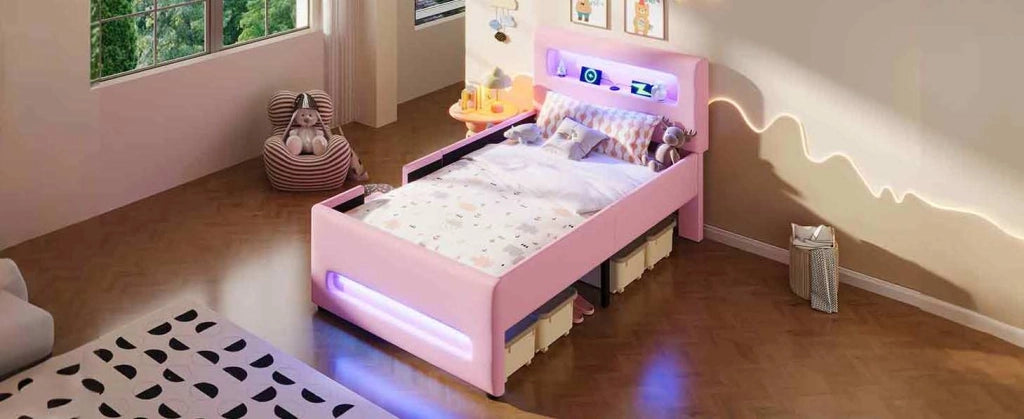 Letto piattaforma imbottito 90x200 cm rosa con cassetti, scala, luci LED e porte USB