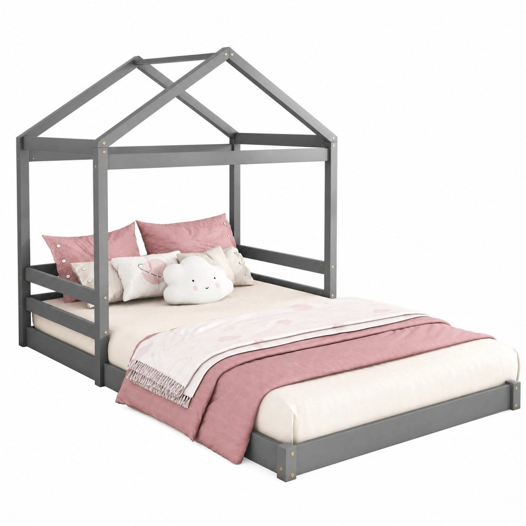 Letto a casetta per bambini 140x200 cm in pino e MDF con rete a doghe, grigio