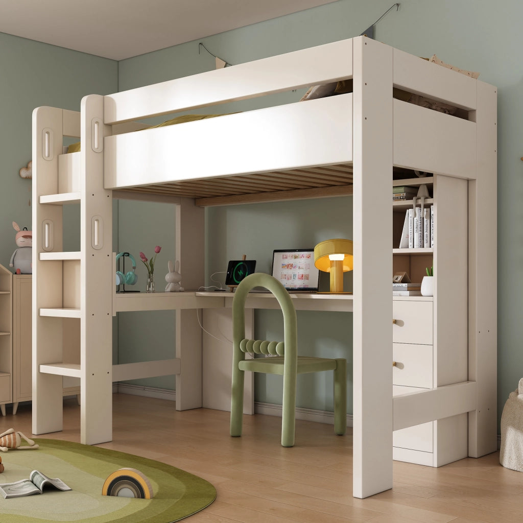 Letto alto con scrivania a L ripiani e cassetti funzione 90x200cm