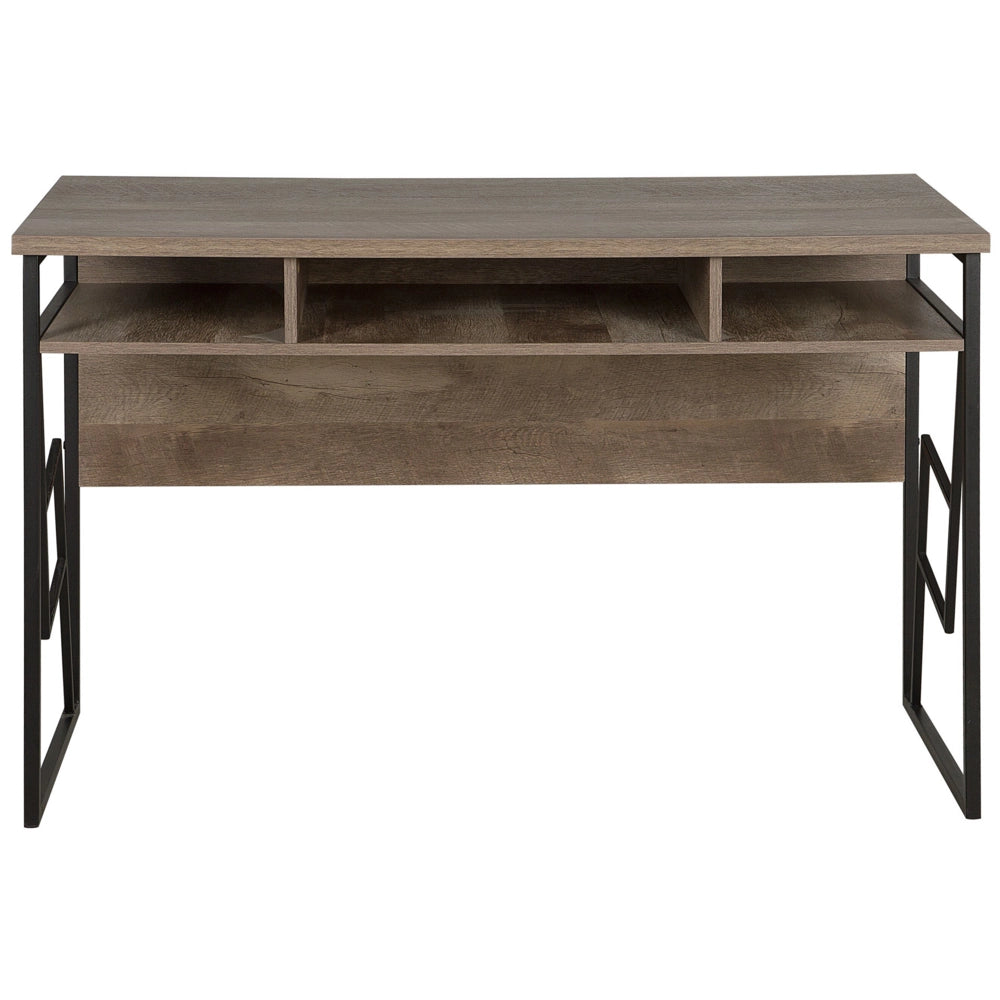 Scrivania Home Office Piano in legno scuro Struttura in metallo Nero Scaffale portaoggetti 120 x 60 cm Design industriale moderno
