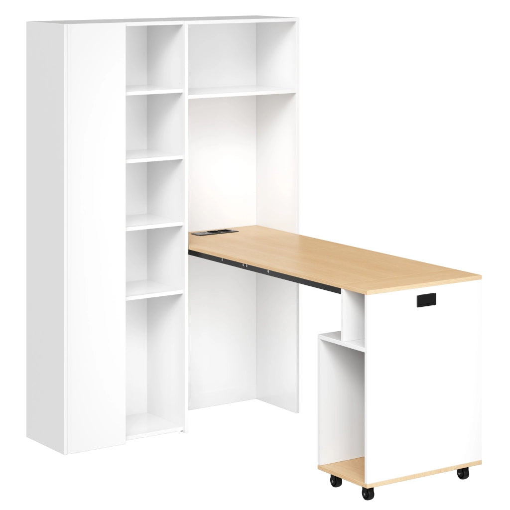 Scrivania pieghevole 2 in 1 con libreria, presa EU e USB, bianco, MDF, 104,5 × 30,5 × 160 cm
