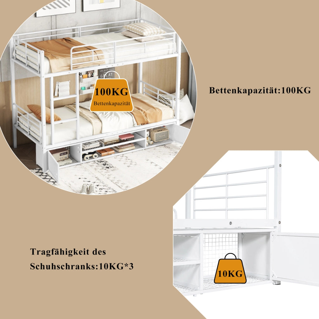DESMIU Letto a Castello 2 Posti con Scala, Scarpiera e 2 Ante 90 × 200 cm, senza Materasso, Bianco