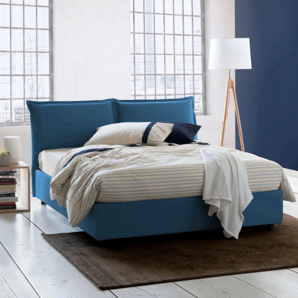 Letto matrimoniale Annica, Letto contenitore con rivestimento in tessuto, Made in Italy, Apertura frontale, con materasso cm 140x200 incluso, Blu