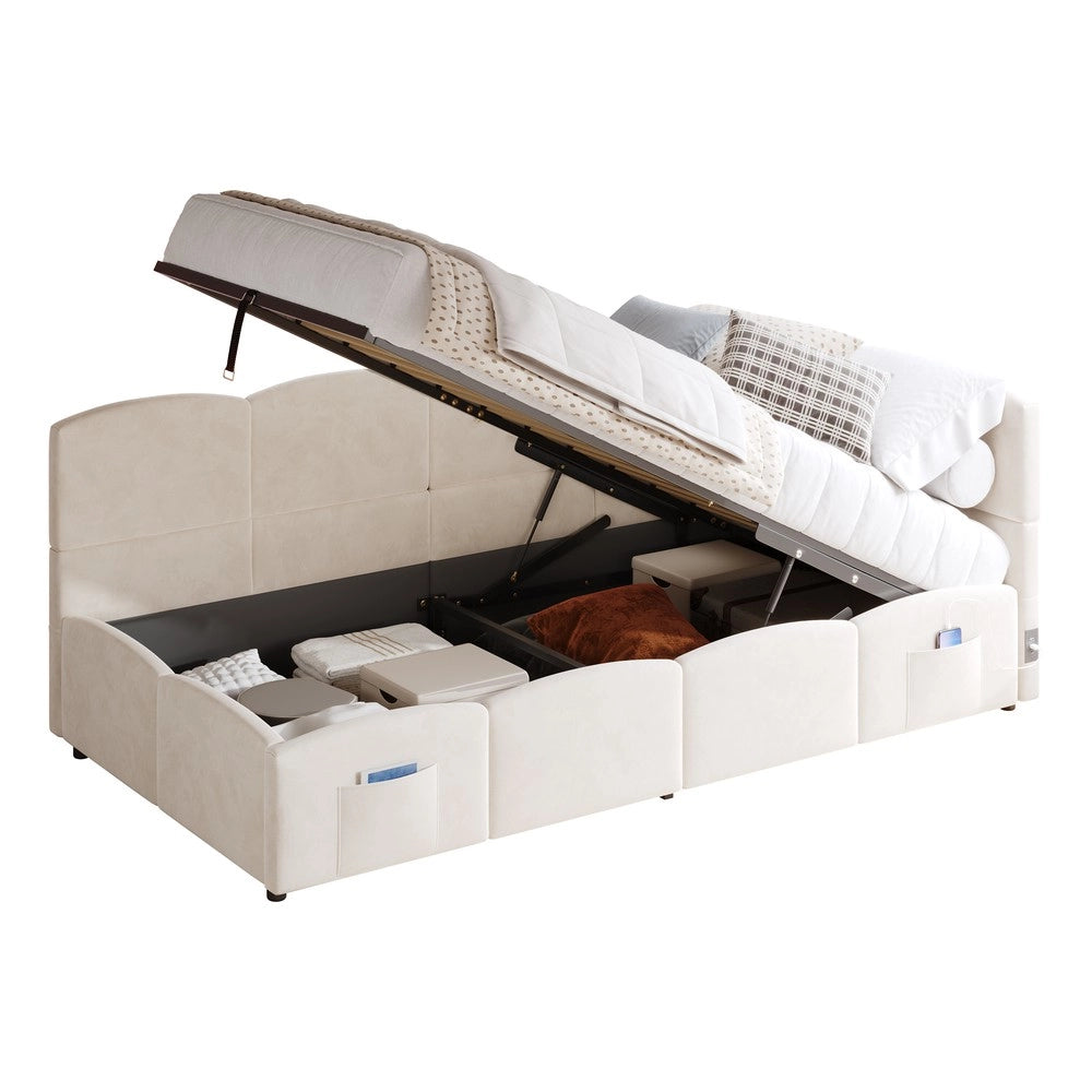 Letto Singolo Imbottito Contenitore con Rete a Doghe ¨C Xylo ¨C Velluto Beige 90x190