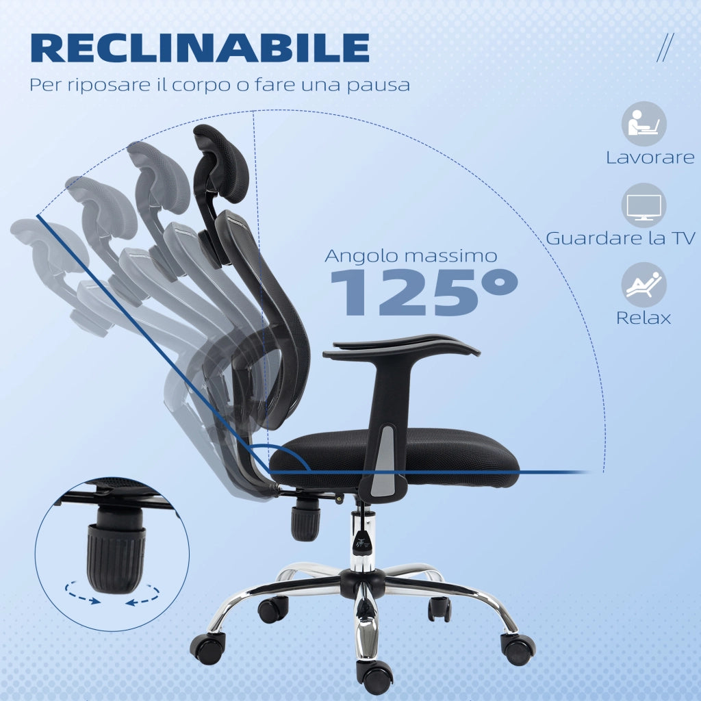 Sedia da Ufficio Ergonomica con Poggiatesta 63x62x106-114 cm in Poliestere e Acciaio Nero