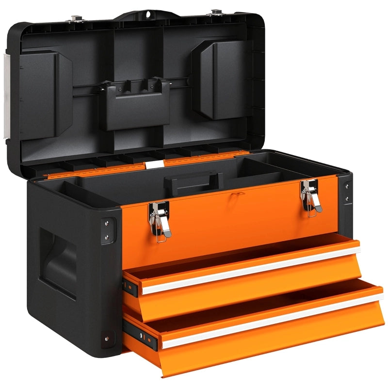 Cassettiera porta attrezzi in metallo con 2 cassetti, vassoio superiore removibile, maniglia e carico 30 kg, arancione
