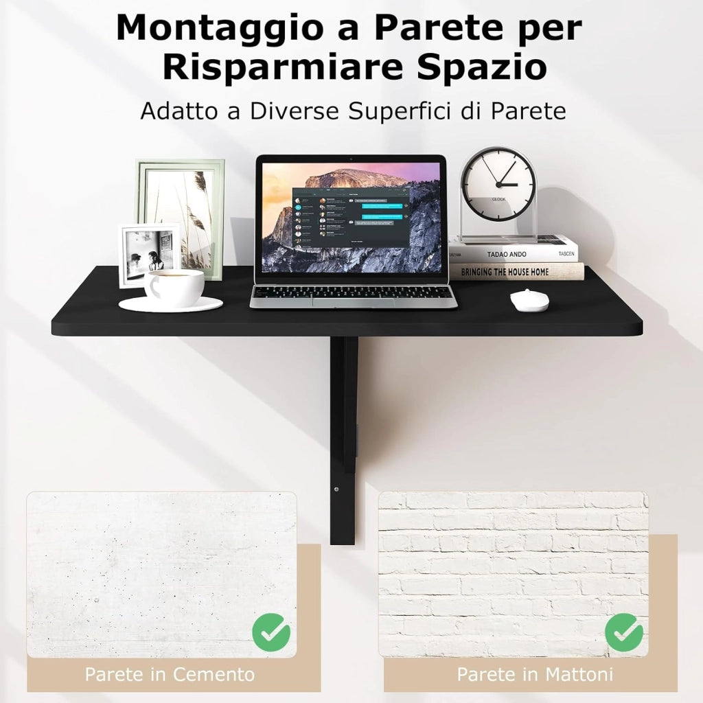 Tavolo Pieghevole a Muro, Tavolino Porta PC da Parete in Legno, Tavolo a Scomparsa Multifunzionale, Ideale per Soggiorno, Cucina e Studio, 80 x 60 x 45 cm (Nero)