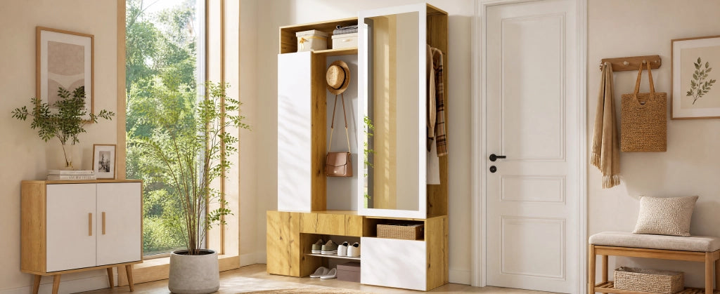 Guardaroba in MDF con specchio, scarpiera, mobile ingresso, appendiabiti con asta e ganci