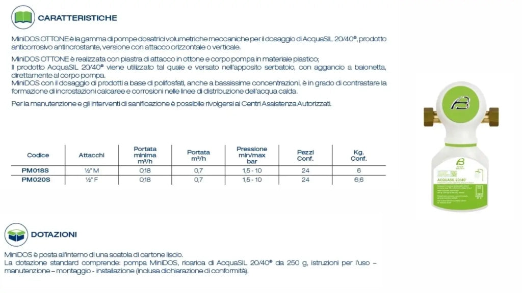 Acqua Brevetti pompa dosatrice anticalcare Minidos con attacco in Ottone da 1/2" F - PM020S