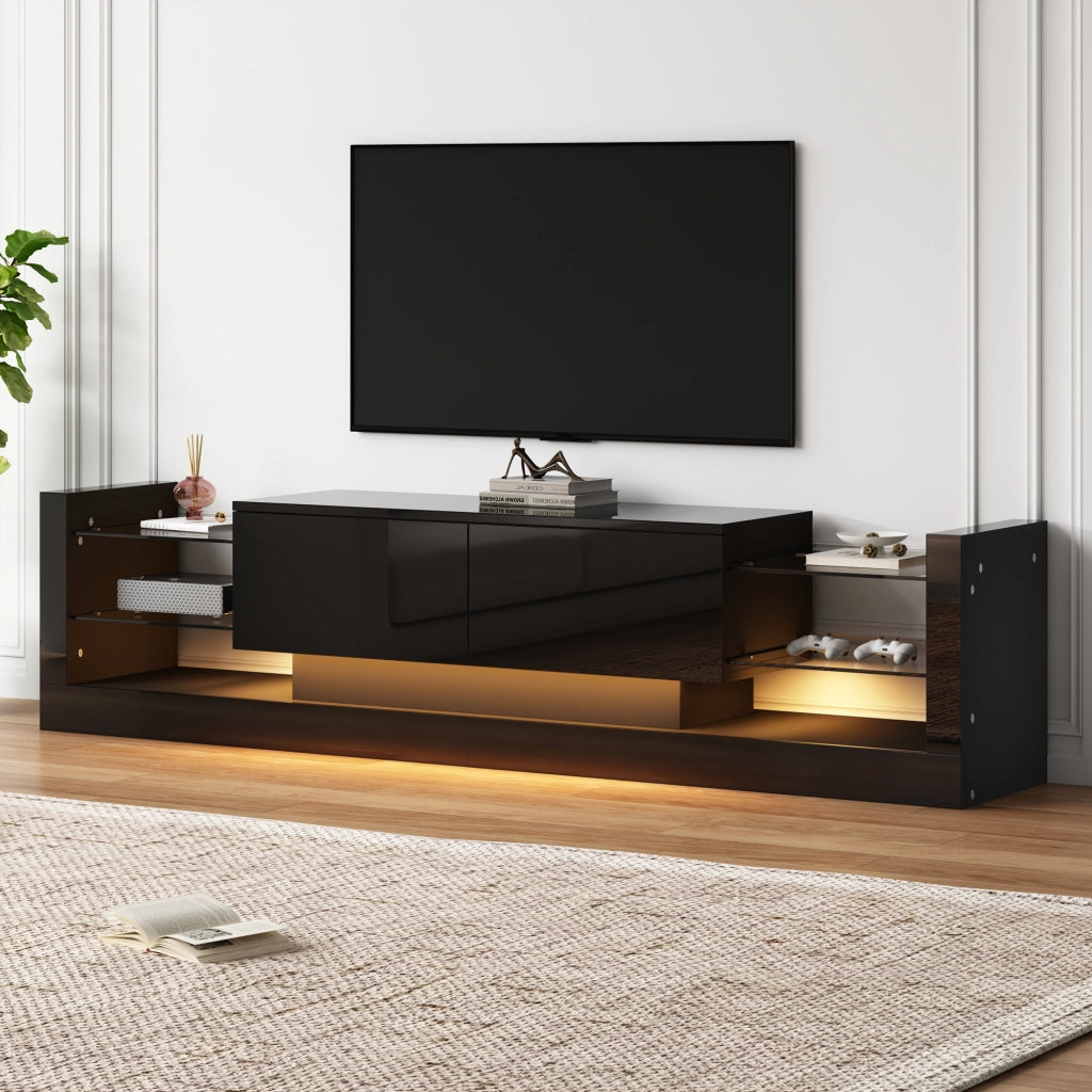Mobile TV con illuminazione LED - Zephmum - 181 cm, vetro frontale, due cassetti pieghevoli