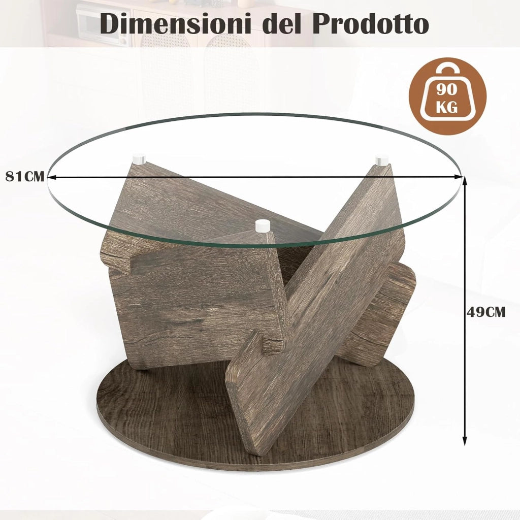 Tavolino da Salotto Rotondo con Piano in Vetro Temperato, Tavolo Basso da Caffè con Base in Legno e Piedini Antiscivolo, Tavolino Moderno per Soggiorno, Ufficio, Camera da Letto
