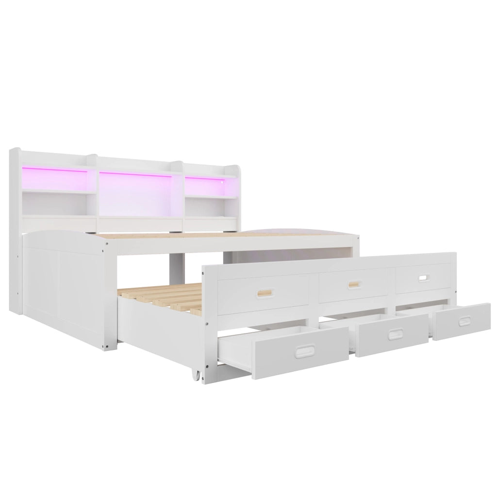 Letto bianco 140x200 cm multifunzionale con LED; cassetti e letto estraibile