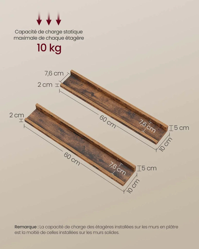 Mensole da parete set di 3 mensole sospese mensole sospese lunghe 38 cm con bordi alti per cornici decorazioni spezie per cucina soggiorno marrone rustico 12_0007858