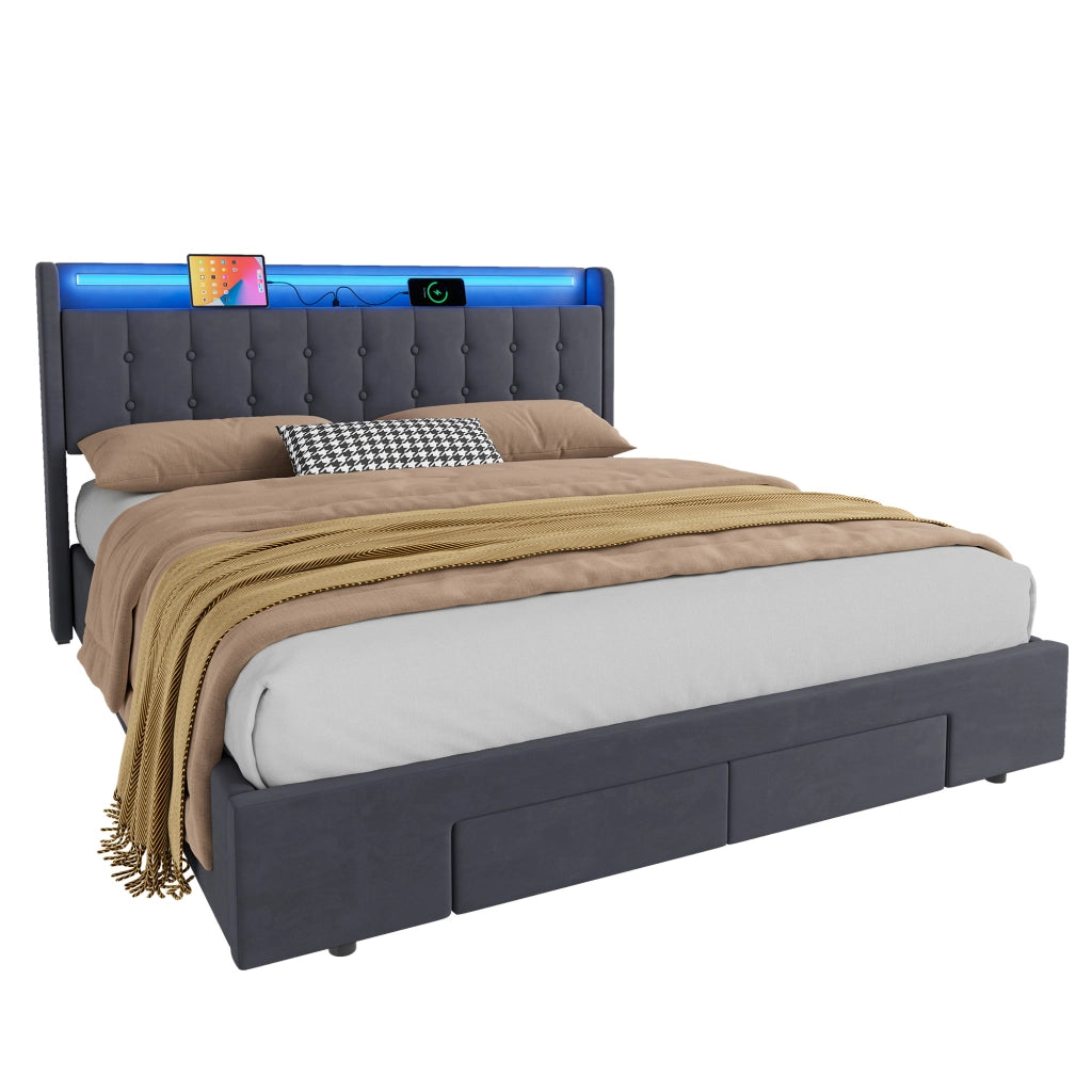 LETTO Imbottito 180 x 200 cm Grigio Scuro con Contenitore, Cassetti, USB e LED