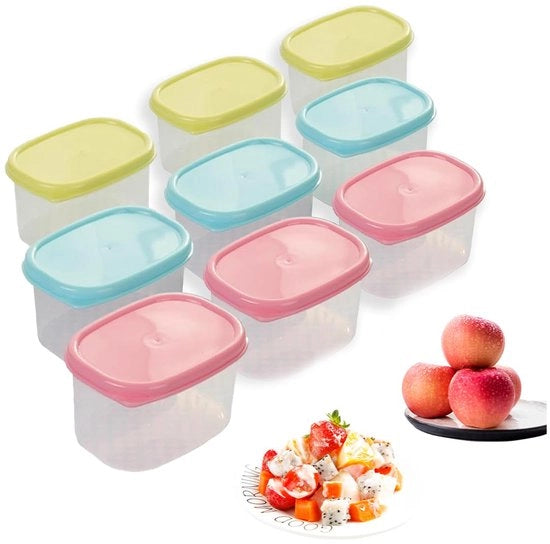 Set di contenitori di plastica con coperchio, composto da 9 contenitori, impermeabili, stivellabili, capacità 160ml, adatti per forno a microonde e congelatore.