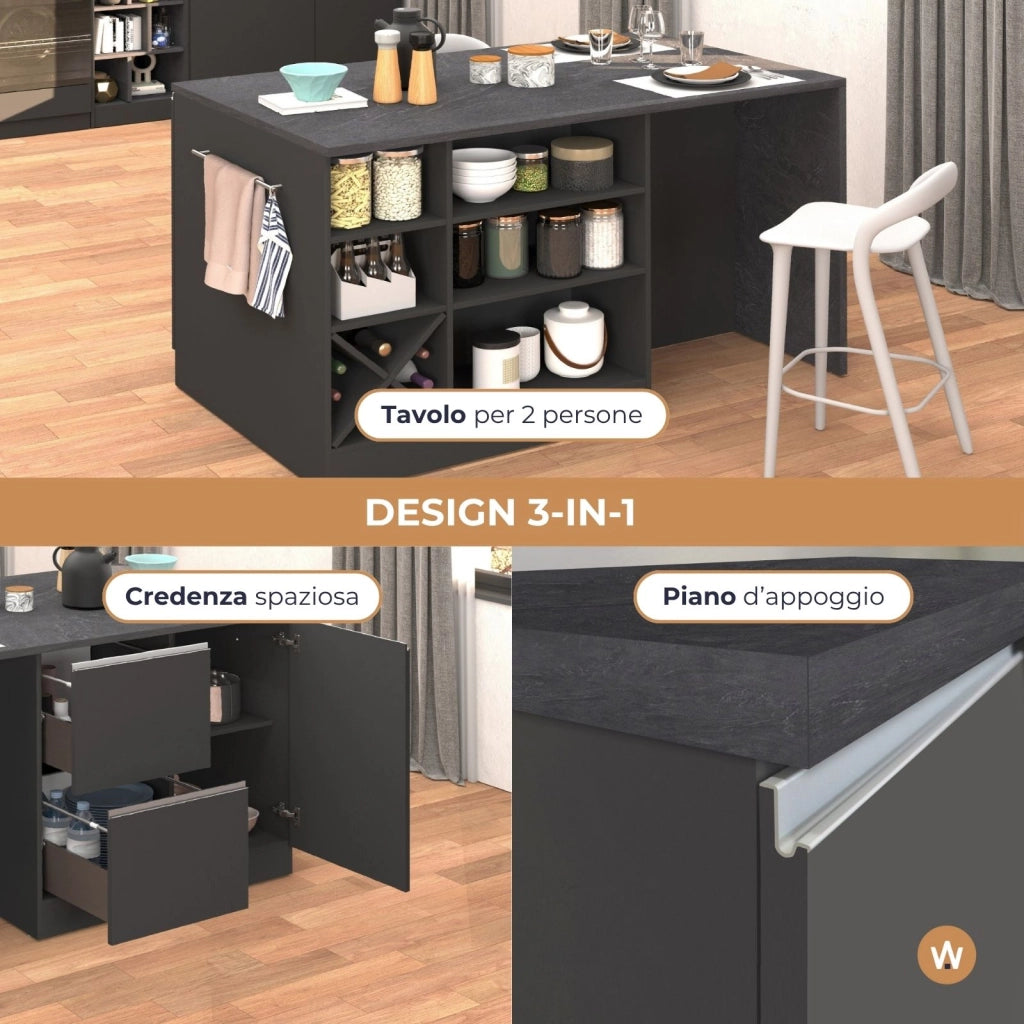 WHOUS Isola da cucina Sole con 1 anta 2 cassetti e 6 vani antracite opaco/report 153x90x91 cm