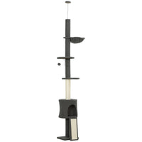 Albero per Gatti a Soffitto Alto 220-240 cm con Amaca Casetta Piattaforme a Fiore e Pali in Sisal Grigio