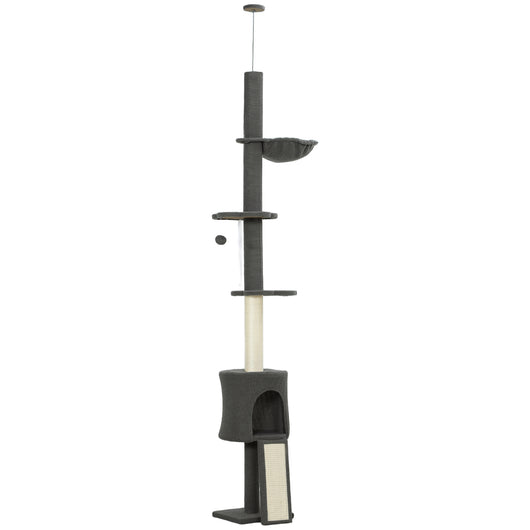 Albero per Gatti a Soffitto Alto 220-240 cm con Amaca Casetta Piattaforme a Fiore e Pali in Sisal Grigio