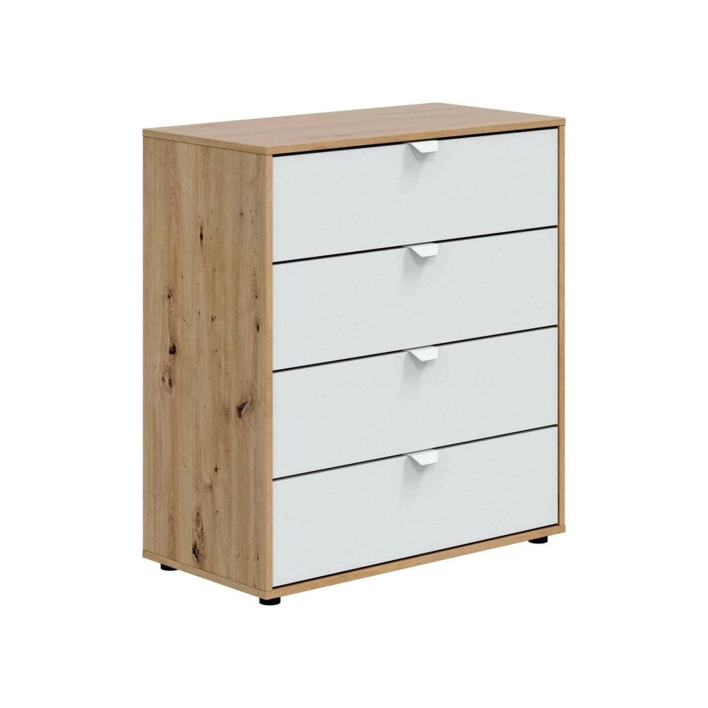 Comodino Spinello, Comò basso, Tavolino da notte, Mensola da letto, 78x40 h86 cm, Bianco e Rovere Nodi