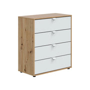 Comodino Spinello, Comò basso, Tavolino da notte, Mensola da letto, 78x40 h86 cm, Bianco e Rovere Nodi