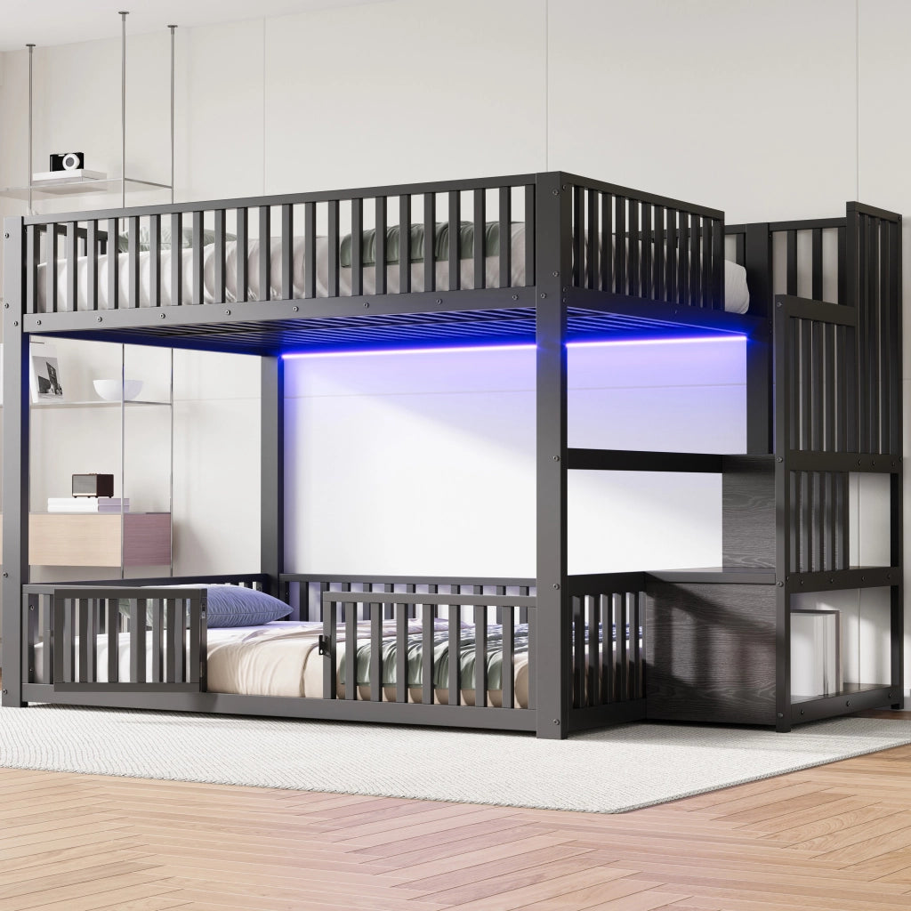 Letto a Castello 140x200 cm; 2 Posti - LED Regolabile; Scala con Contenitore - Nero