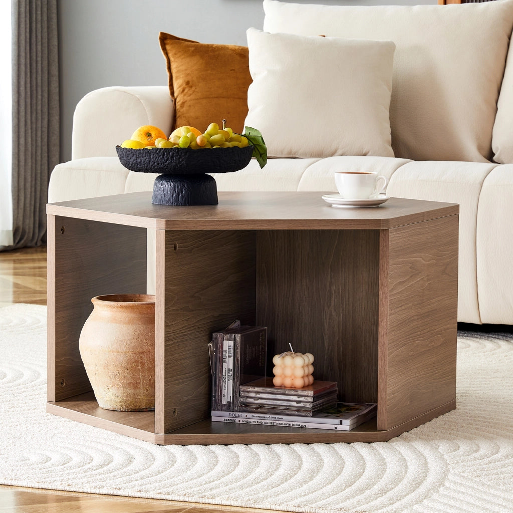 Tavolino da caffè esagonale con montaggio rapido - per soggiorno - 79x69.4x40 cm - in MDF - marrone