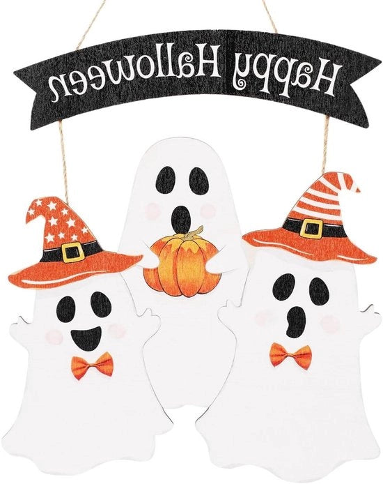 Decorazione per Porta in Legno per Halloween, Happy Halloween, Hanger per Porta con Motivo di Spavento, Decorazione per Esterno e Interno con Tema di Halloween