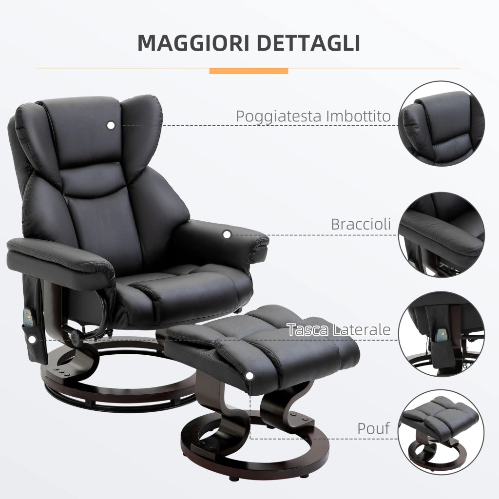 Poltrona Relax Reclinabile Massaggiante con Poggiapiedi ¨C Xylo ¨C Tessuto Nero Girevole 360¡ã