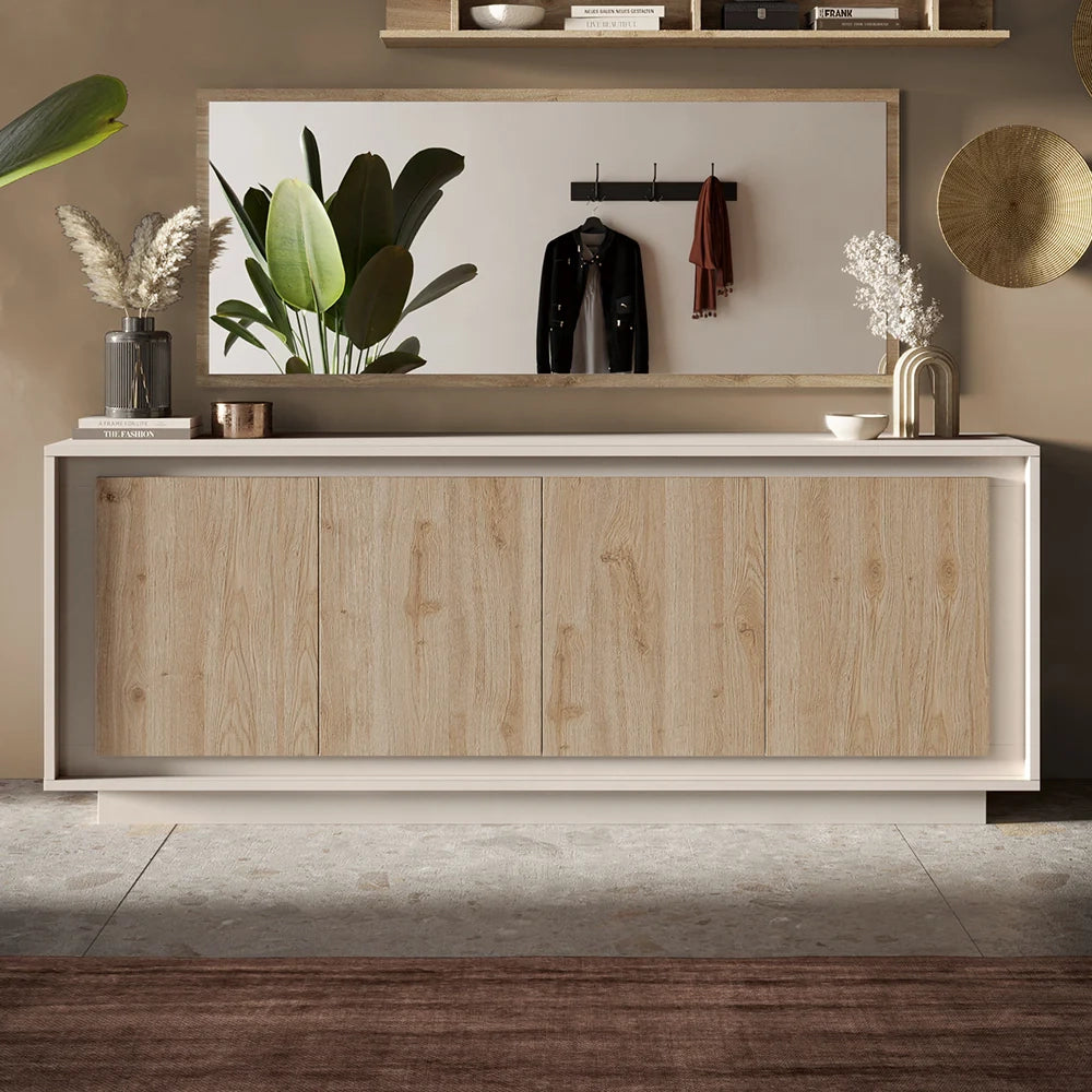 Madia 4 Ante Linea SKY L 207 Cm x H 80 Cm x P 50 Cm, realizzata in legno 100% MADE IN ITALY, design moderno per cucina, sala da pranzo, soggiorno colore Cashmere/Cadiz