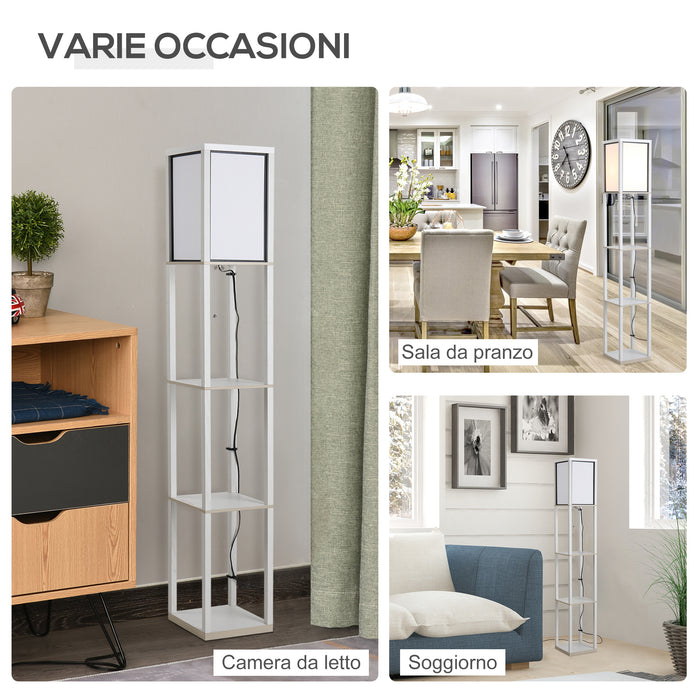 Lampada da Terra con Attacco E27 26x26x160 cm con 3 Mensole e Interruttore a Pedale in MDF e Tessuto Bianco