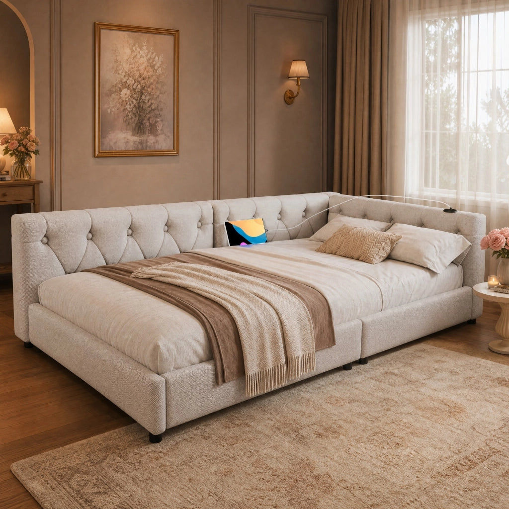 LETTO da giorno 90x200 cm in lino beige con USB, Type-C e LED
