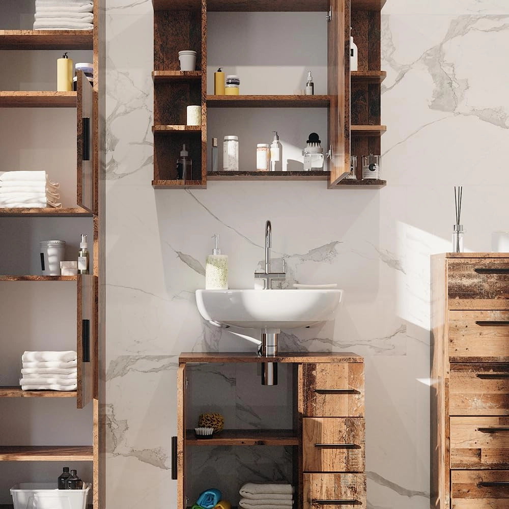 Set di mobili da bagno Ilias, Rovere rustico, 60 cm, composto da mobile lavabo, pensile a specchio, colonna e base media