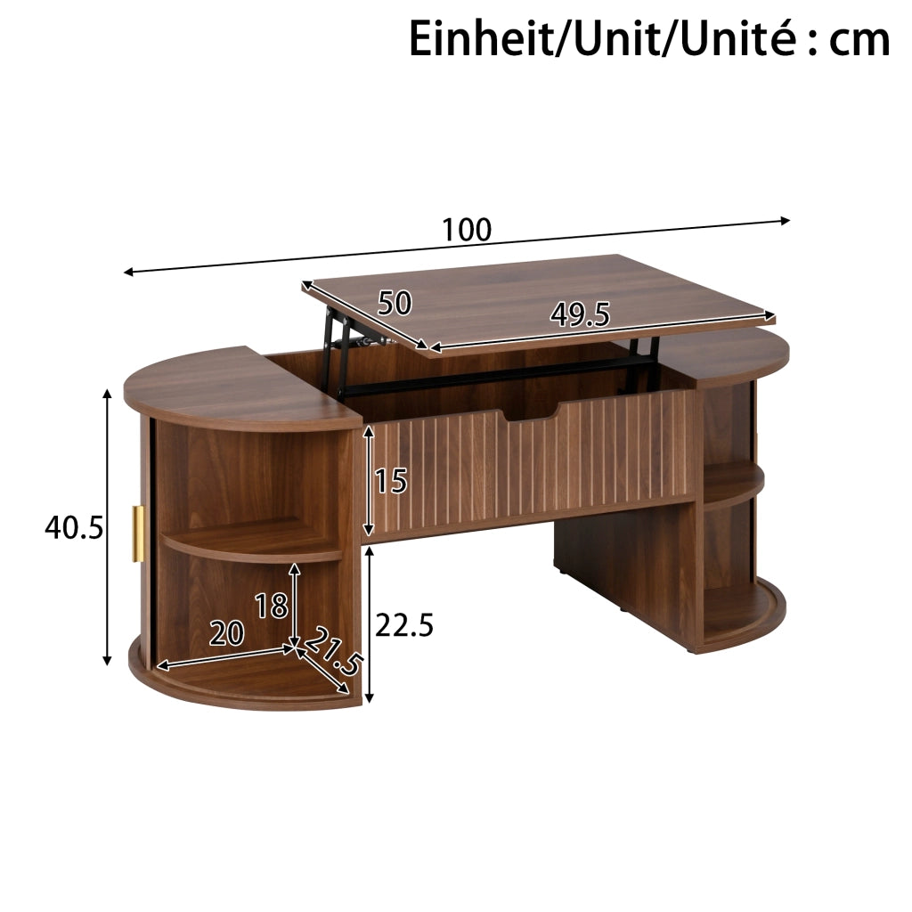 Tavolino Da Salotto Alzabile Ovale con 2 Ante Scorrevoli e Ripiani Aperti; Stile Moderno Retrò; in MDF; 100×50×40;5 cm; Noce