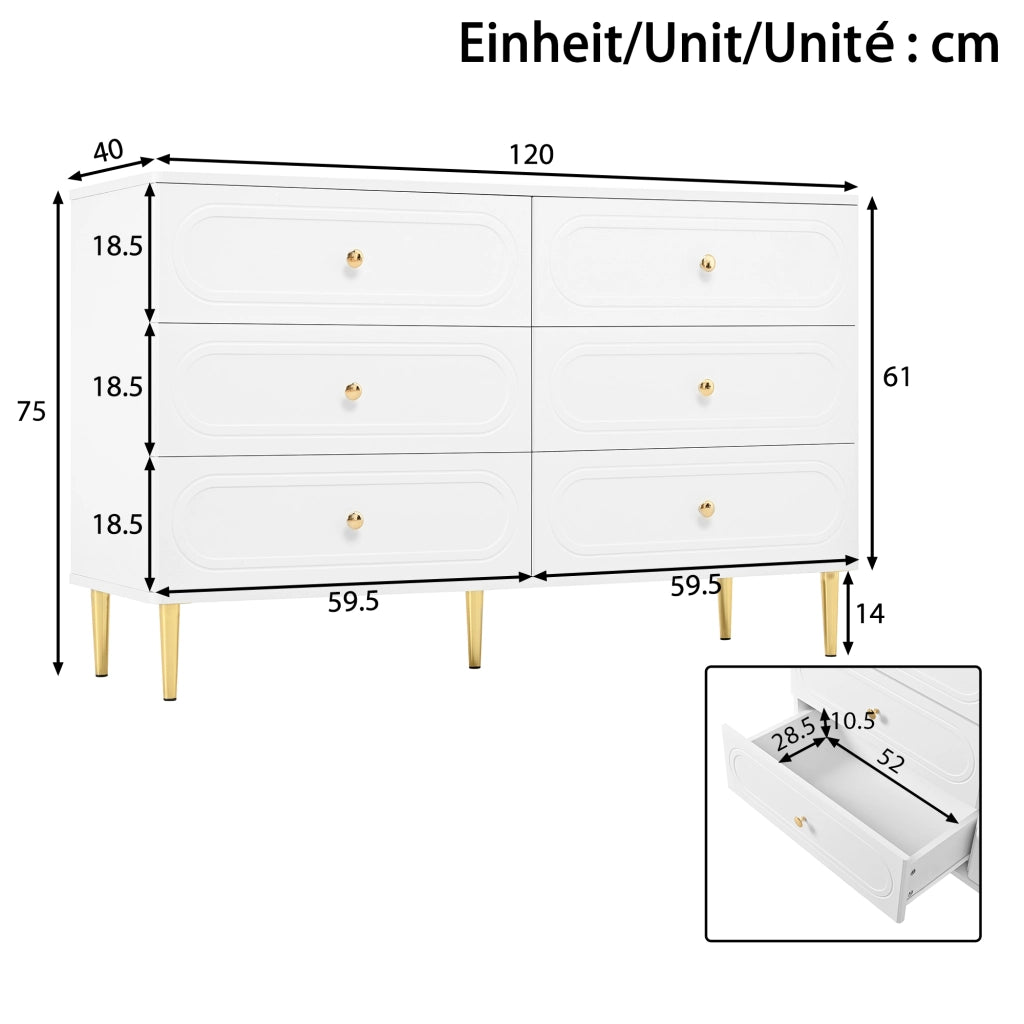 Credenza con 6 cassetti e dettagli ovali, piedi in metallo, per soggiorno e ingresso, bianco, 120 × 40 × 75 cm