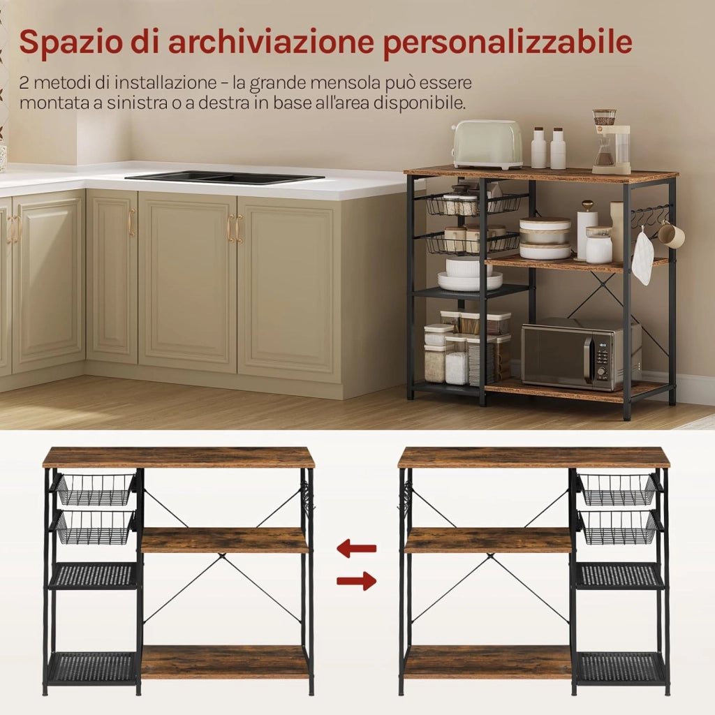 Scaffale da Cucina con 2 Cestelli Estraibili, Supporto per Microonde con 2 Ripiani in Rete Metallica, Scaffalatura Portaoggetti con 5 Ganci, 90x40x82 cm, Marrone Rustico + Nero