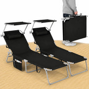 Set 2 Lettini Pieghevoli da Spiaggia Esterno Nero Sdraio da Mare con Parasole