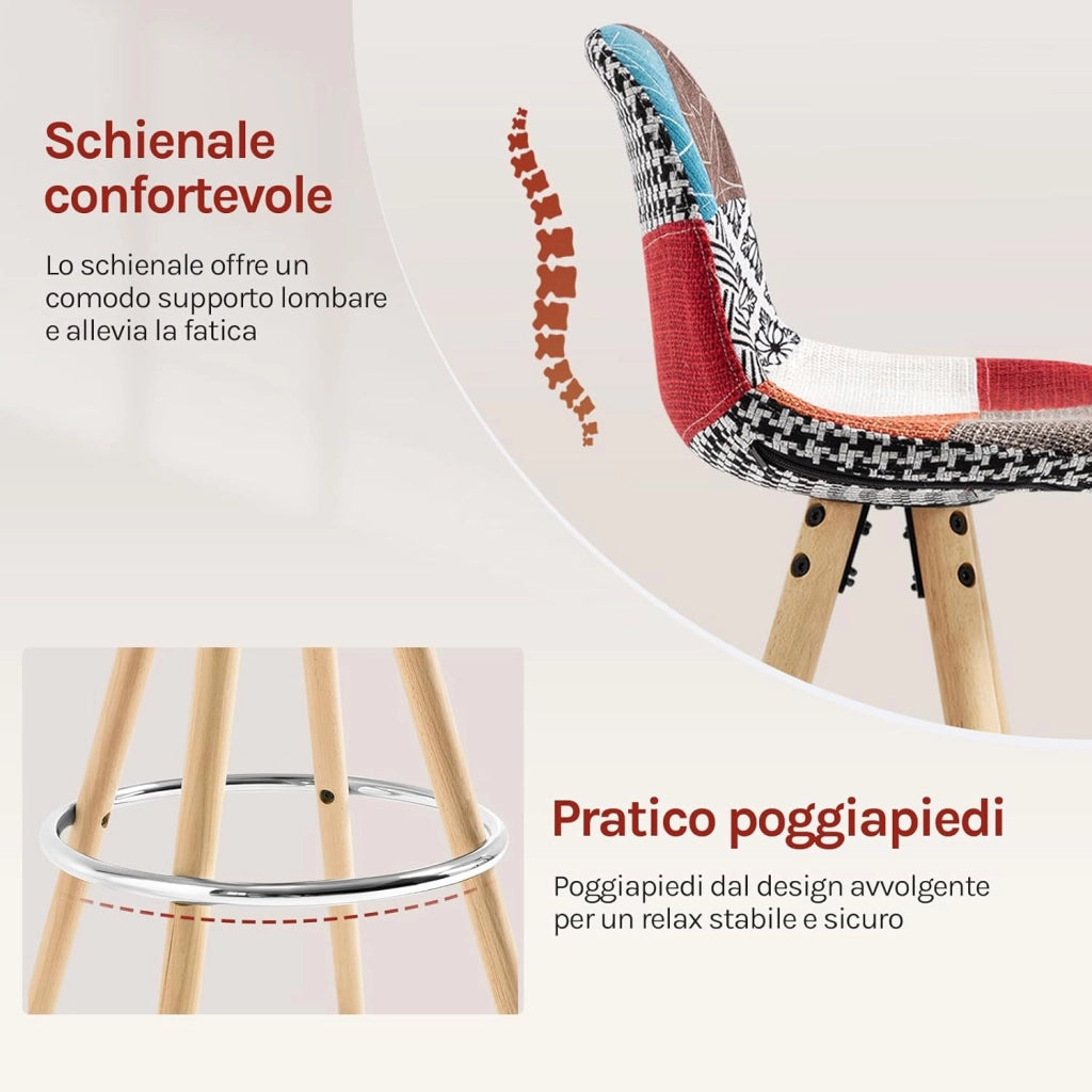 Sgabelli Bar Set di 2, Sedia Alta con Schienale e Poggiapiedi per Isola Cucina, Pub, Sala da Pranzo, in Gambe Legno, Lino, Patchwork