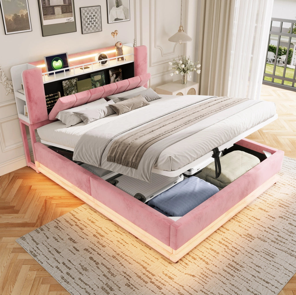 Letto imbottito 160x200 cm con LED; USB; contenitore idraulico e rivestimento in velluto rosa
