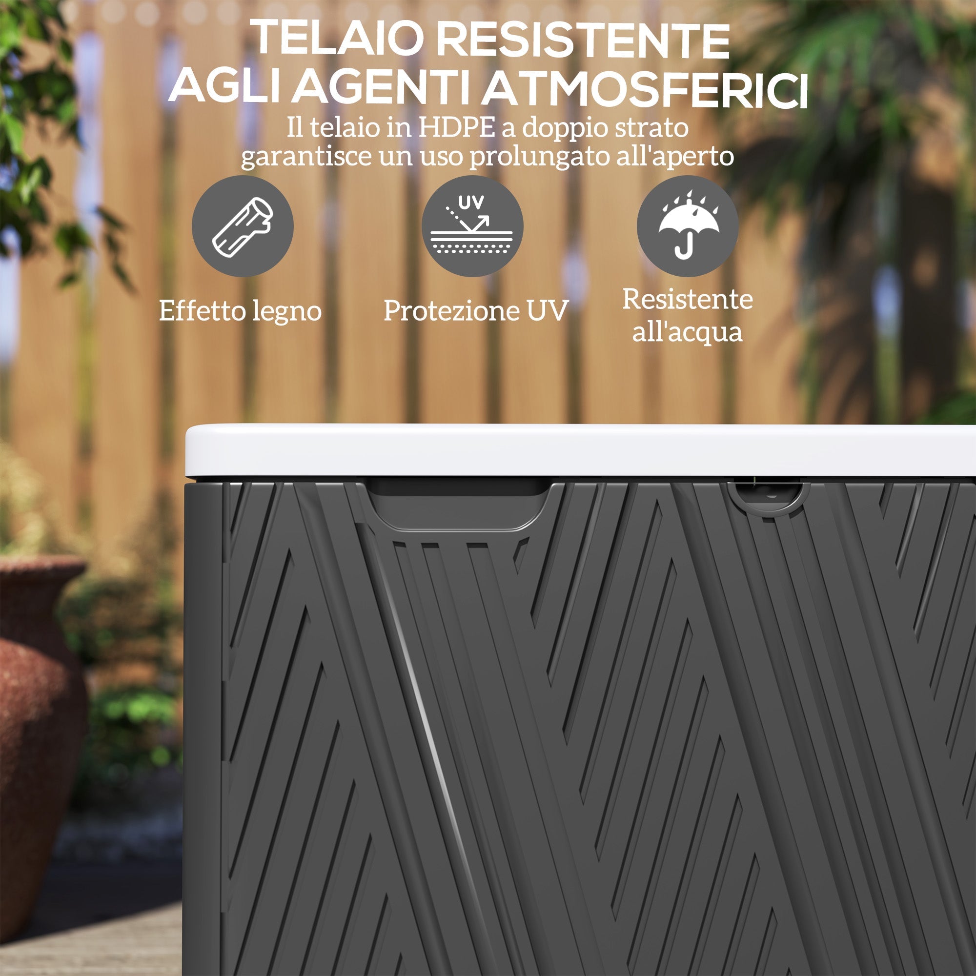 Panca Contenitore Capacità 380L con 2 Maniglie e Leva a Gas in HDPE Nero e Grigio