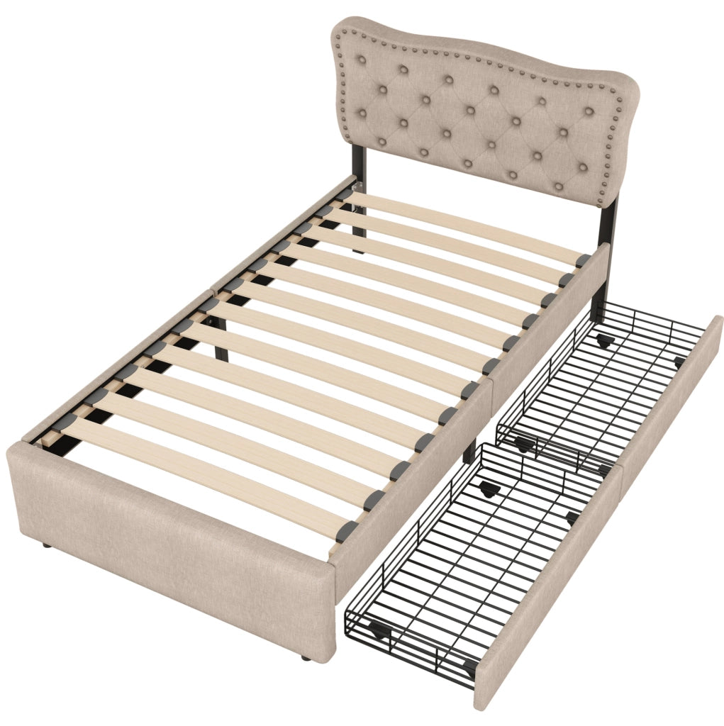 Letto imbottito 90x200 cm; testiera regolabile e 2 cassetti; MDF e lino; beige marrone