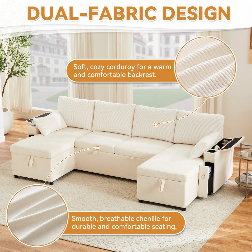 Divano letto modulare 4 posti - con contenitore - in chenille e corduroy - beige