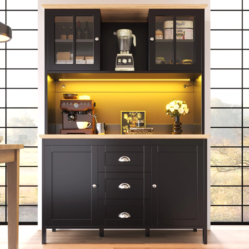 Credenza Alta da Cucina con 4 Ante; 3 Cassetti; 1 Vano Aperto e LED per Cucina in MDF e Metallo 120 x 40 x 179 cm Nero